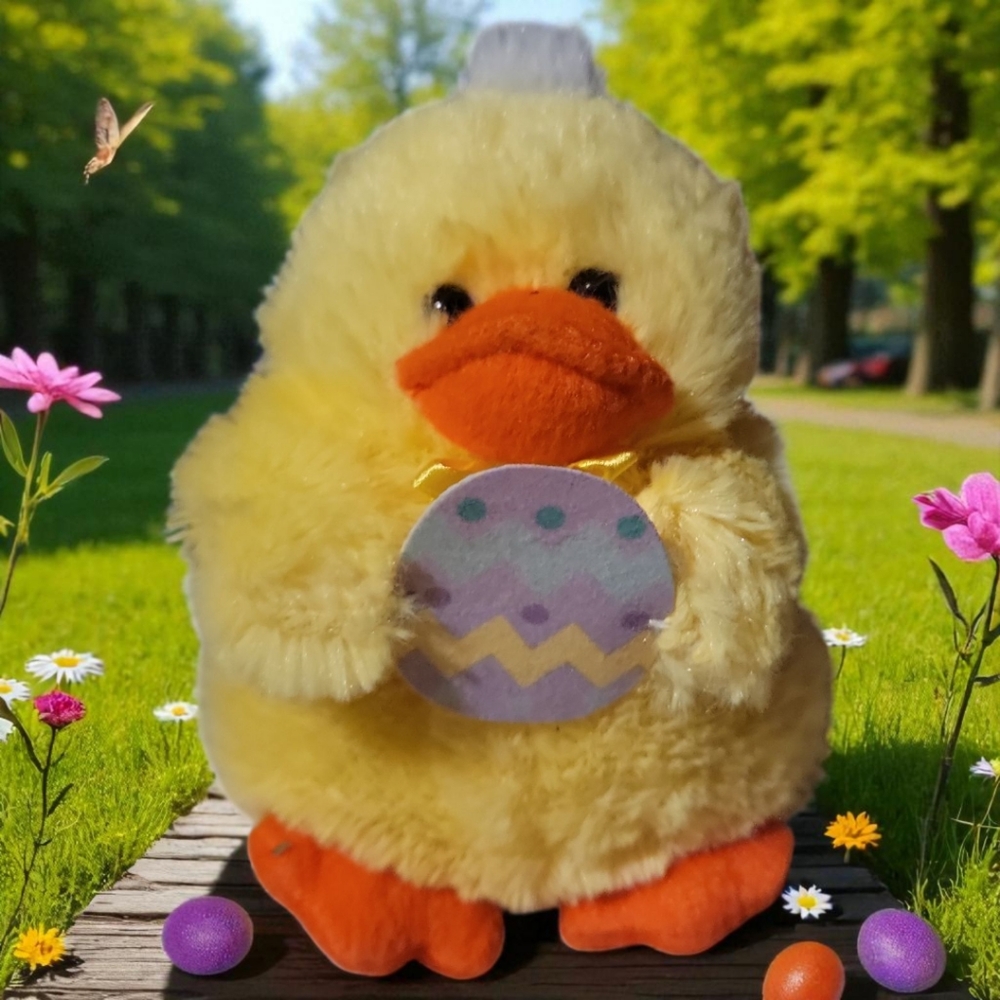 Tom's Toy Yellow Sitting Duck Plush Bow Orange Feet Soft Plush Stuffed Animal